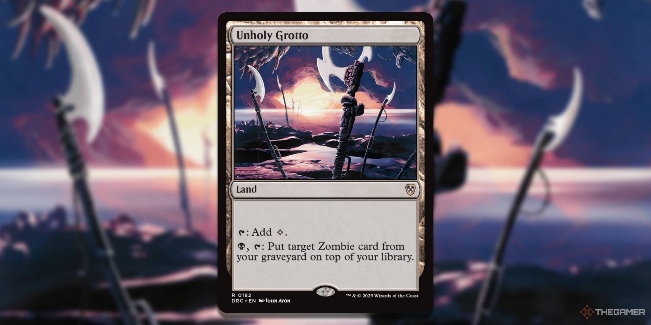 MTG Unholy Grotto card with the art in the background.