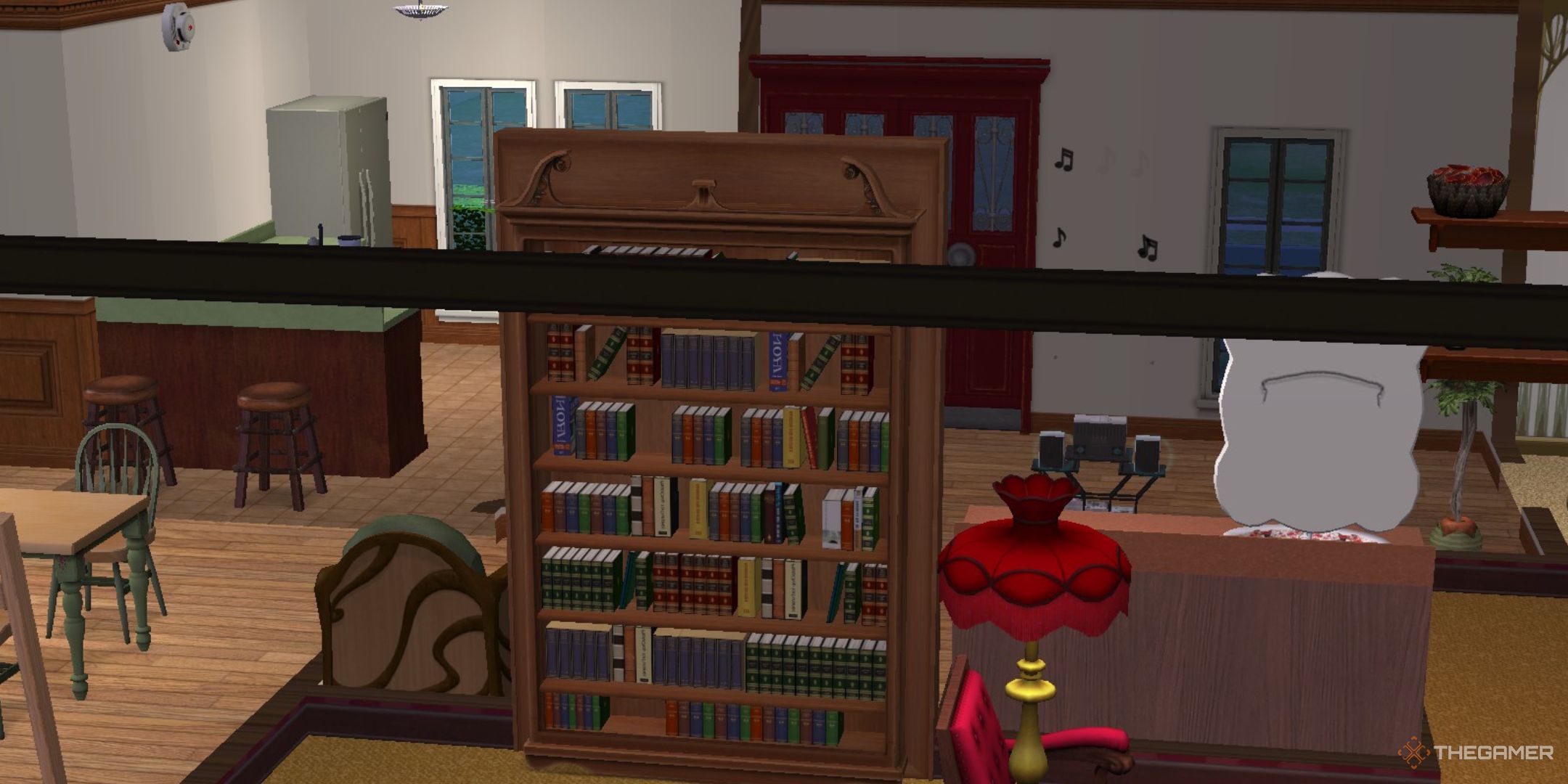 A bookshelf is shown in The Sims 2.-1