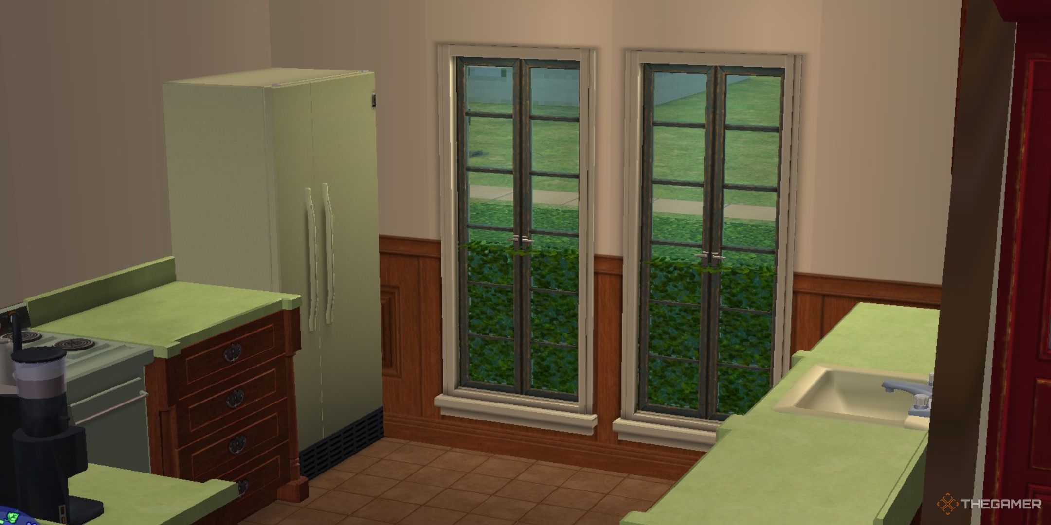 A kitchen is shown in The Sims 2.-1