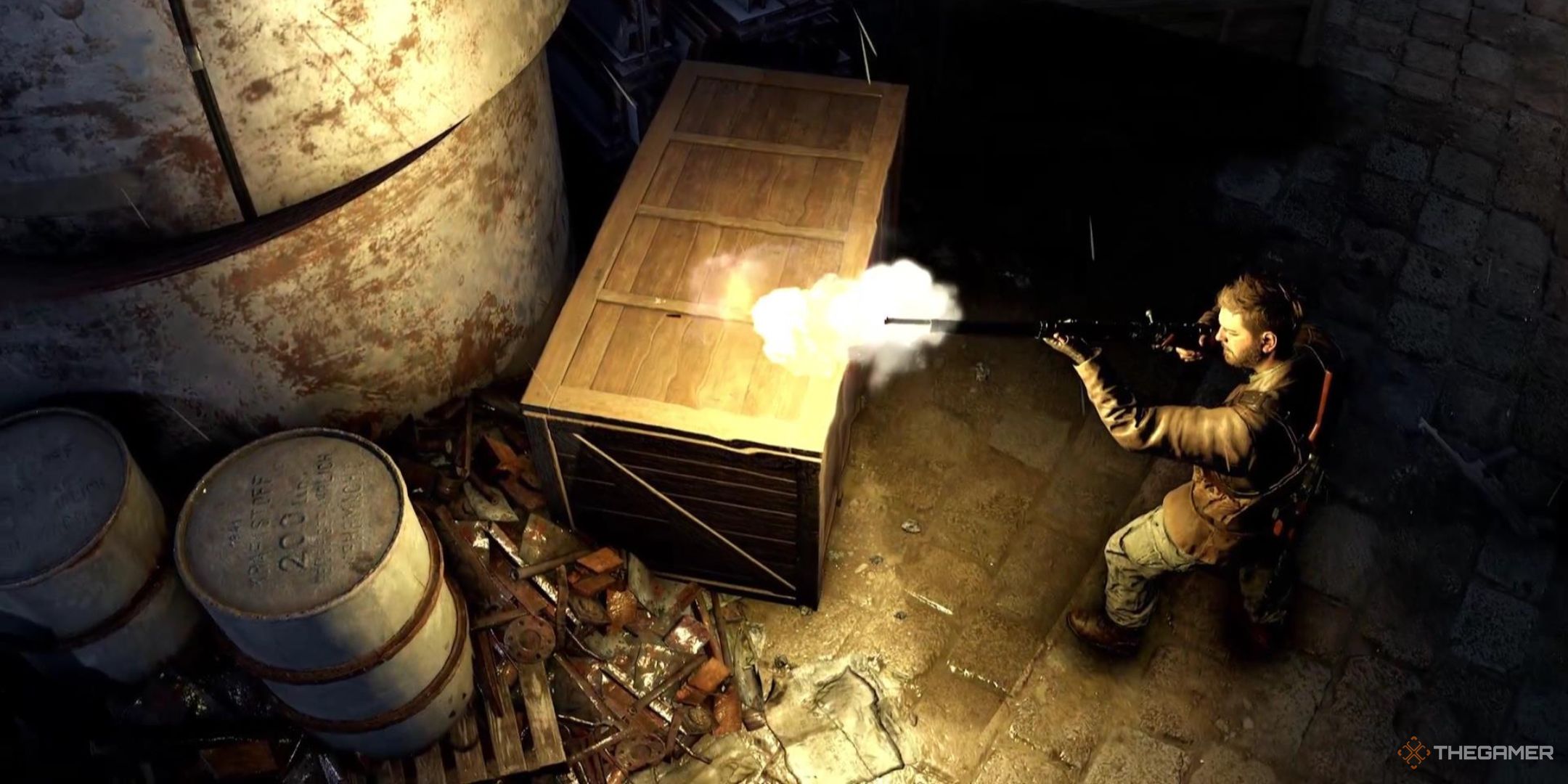 Harry Hawker fires a sniper rifle at night from behind a wooden box in Sniper Elite: Resistance.