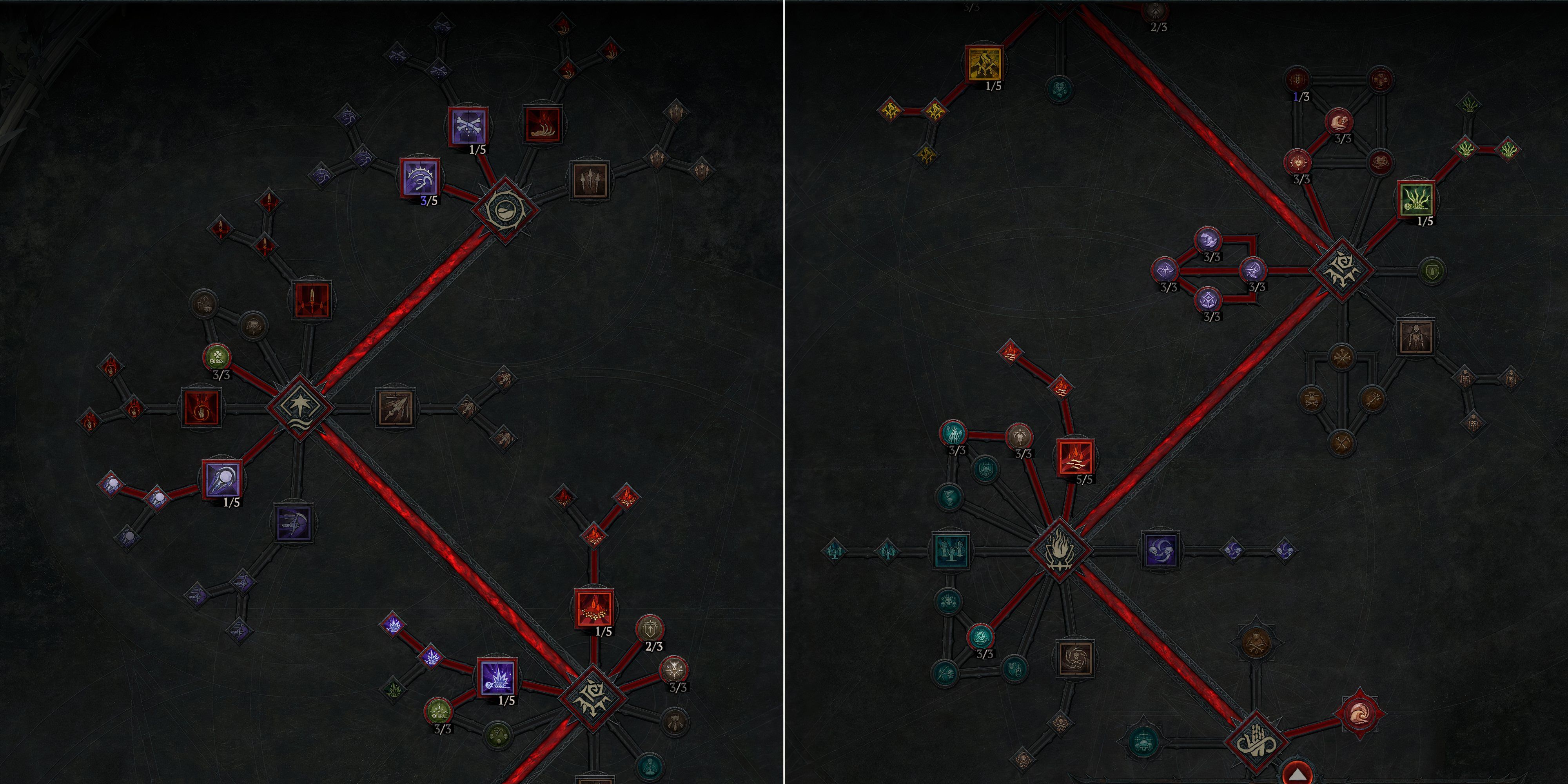 two images showing the skill tree of the Shadow Surfer  Necromancer