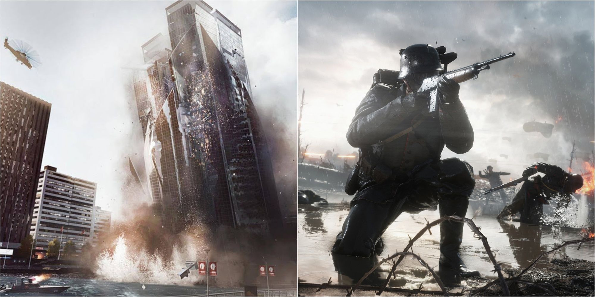 Skyscraper Falling And Soldiers On A Battlefield Shooting