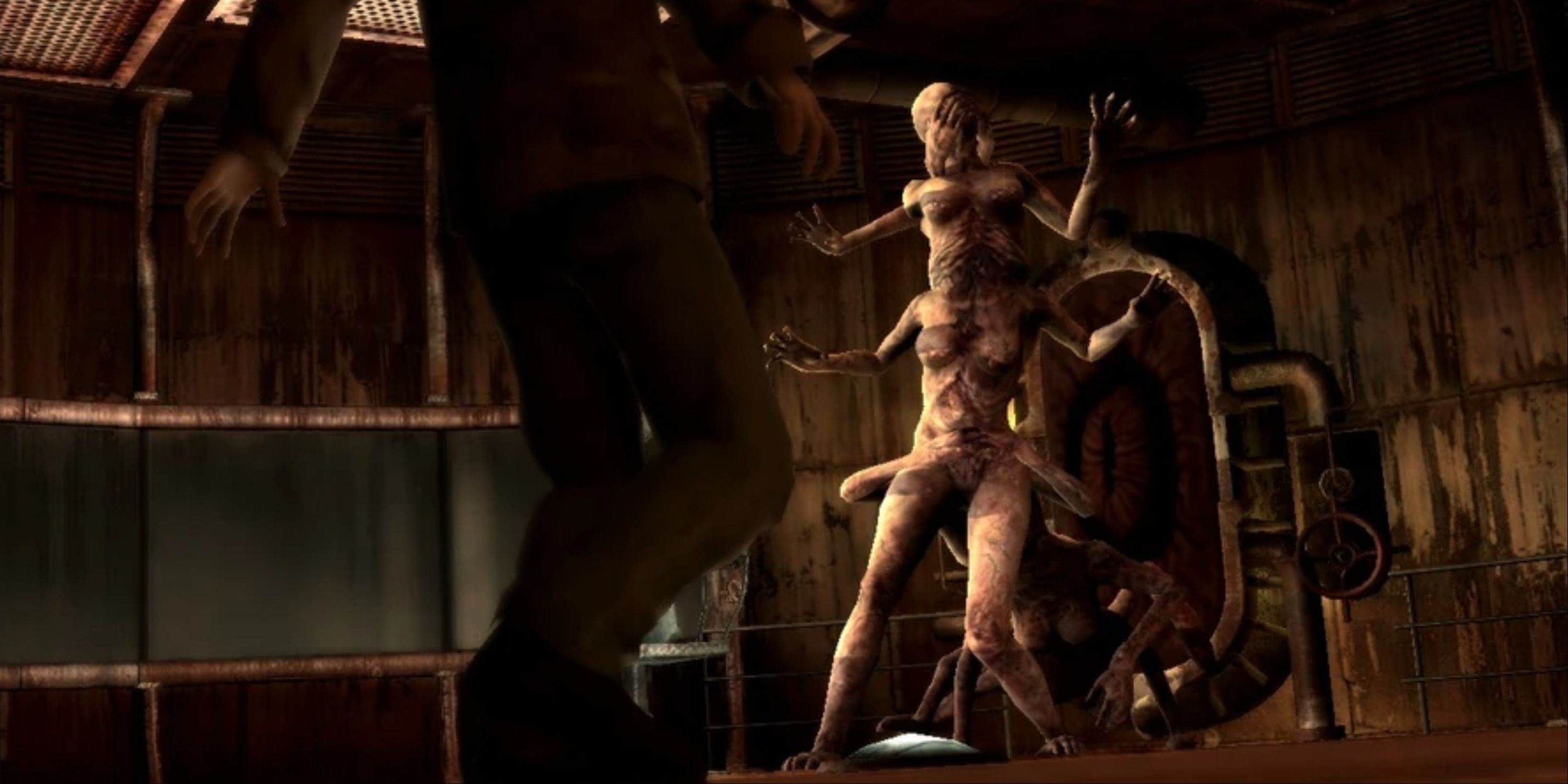 Asphyxia from Silent Hill: Homecoming rearing up against Alex.