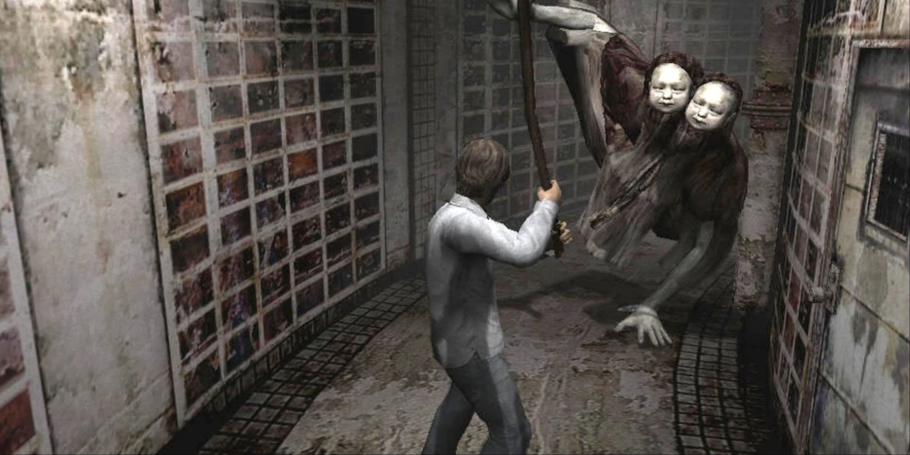 Henry faces off against a charging Twin Victim in Silent Hill 4: The Room.