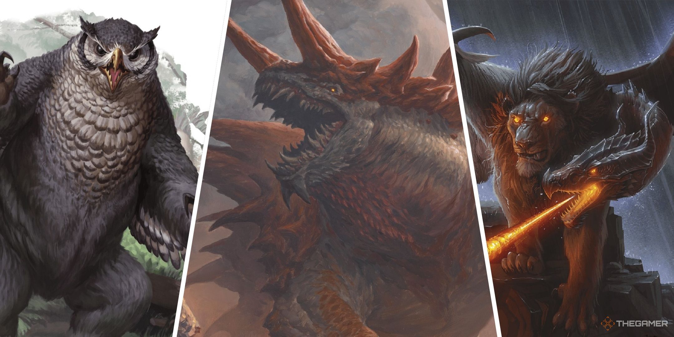 Dungeons & Dragons image showing an owlbear, a tarrasque and a chimera.