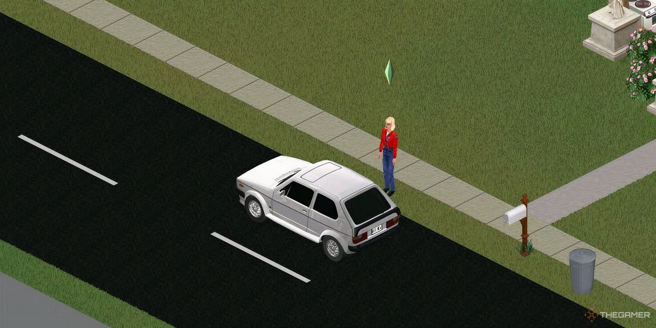 A Sim getting into the carpool to go to work in The Sims 1.