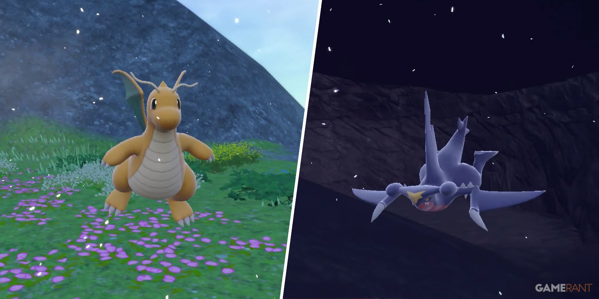 Dragonite and Garchomp hovering in a flowery field and dark landscape respectively