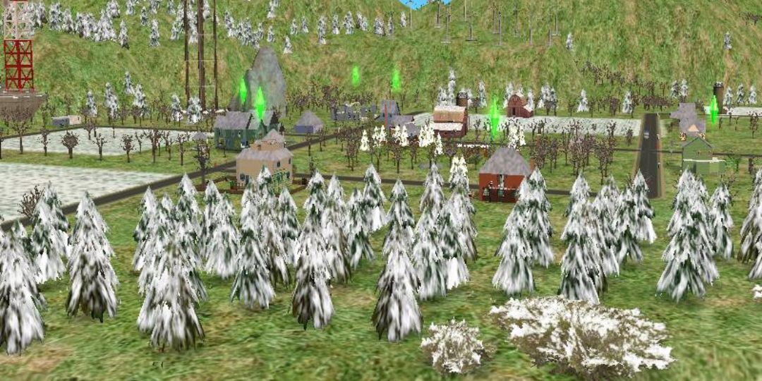 Riverblossom Hills is shown. it is a town filled with snow coated trees.