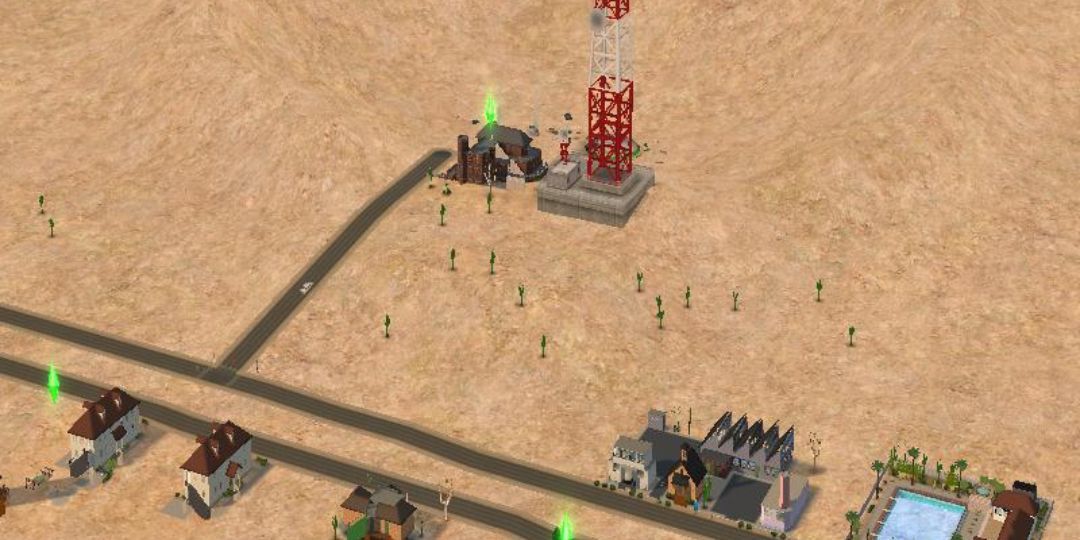 Strangetown is shown. A group of houses are clustered together in the desert, with a radio tower looming above.