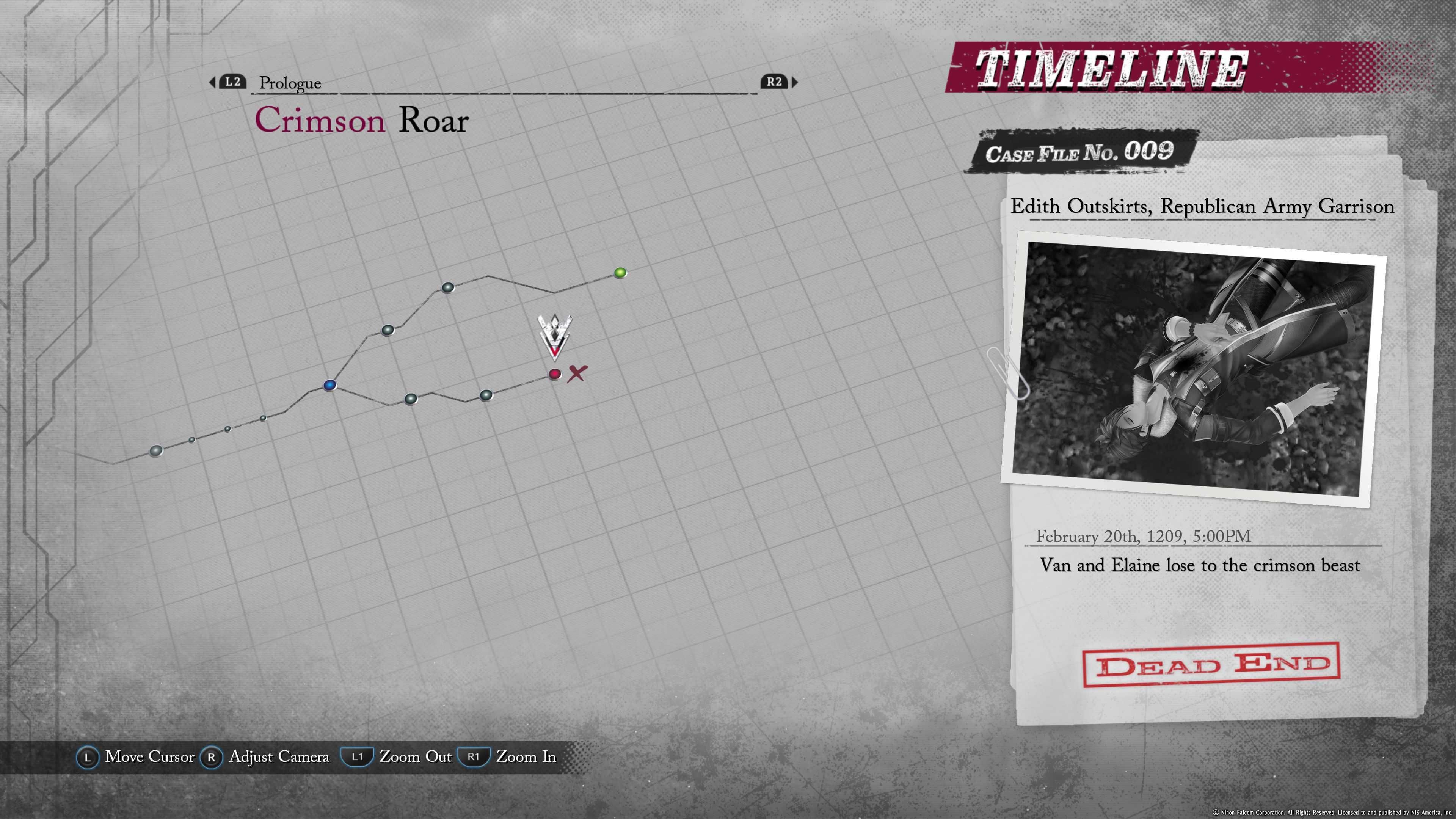 A timeline representing events that take place in Trails Through Daybreak 2, one of which has a red cross on it