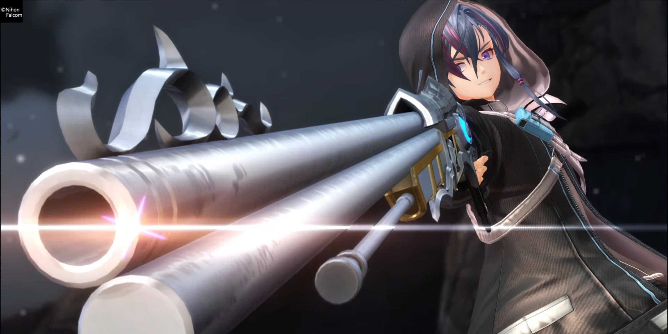 A blue and purple-haird boy pointing a sniper rifle at the camera