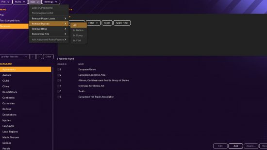 pre-game editor showing 'remove all injuries' option for FM24