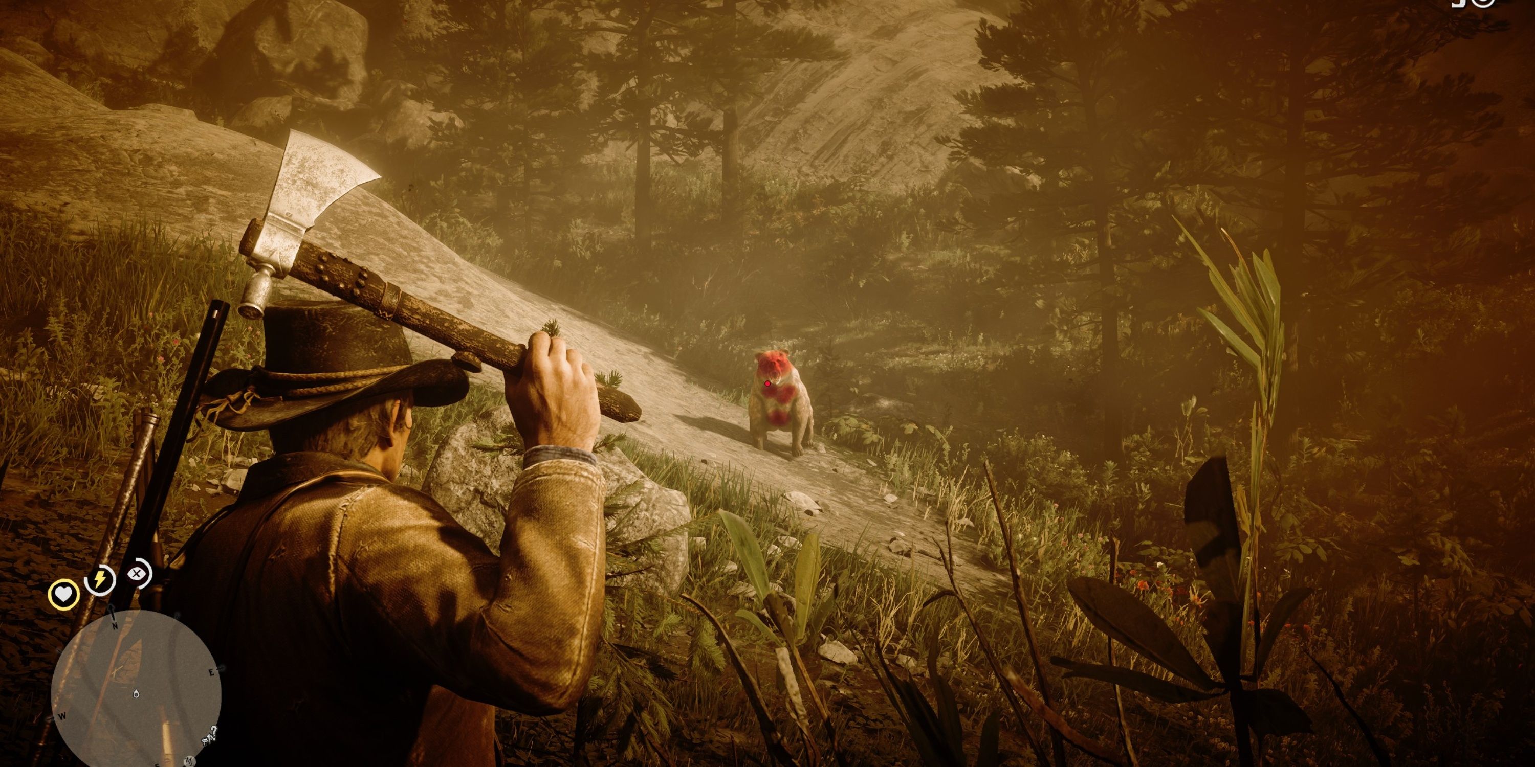 arthur throws a tomahawk at the legendary bear