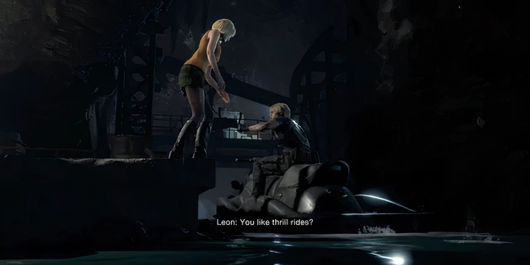 leon kennedy and ashley getting on a jet ski in resident evil 4