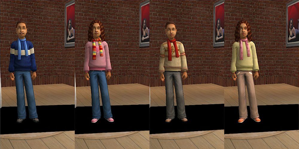 A child Sim wears a turtleneck and scarf in The Sims 2.