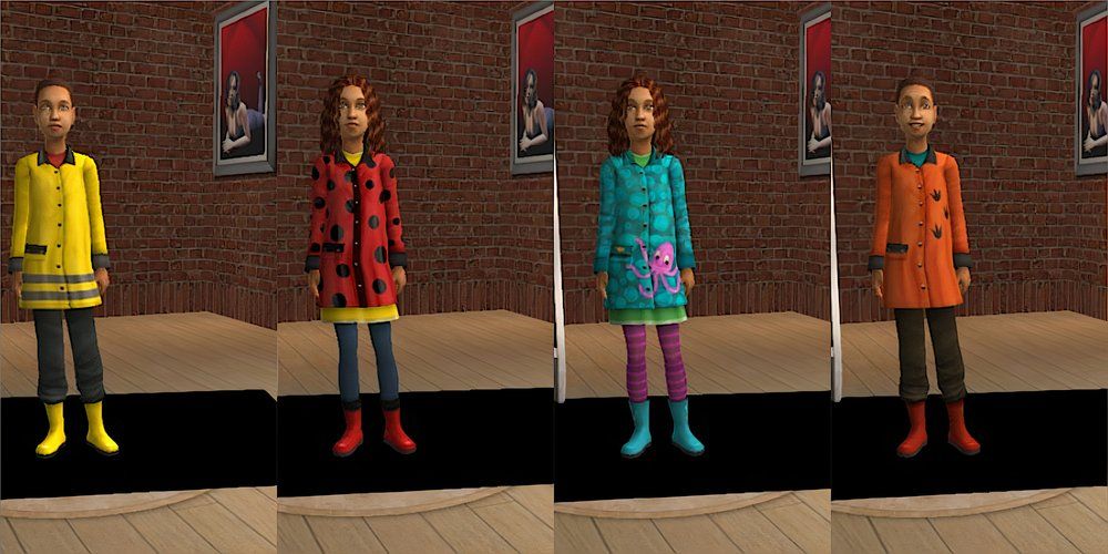 A child Sim wears a raincoat in The Sims 2.