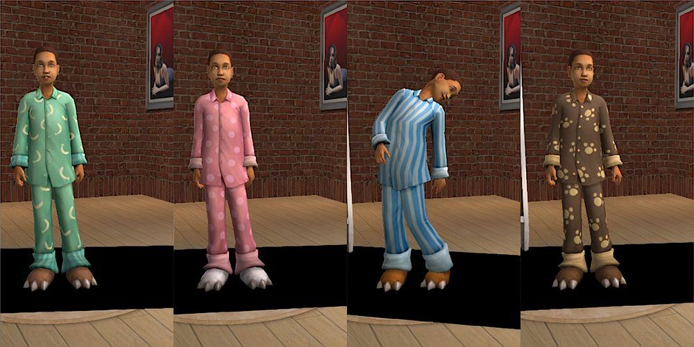 A child Sim wears pajamas with bear-paw slippers in The Sims 2.