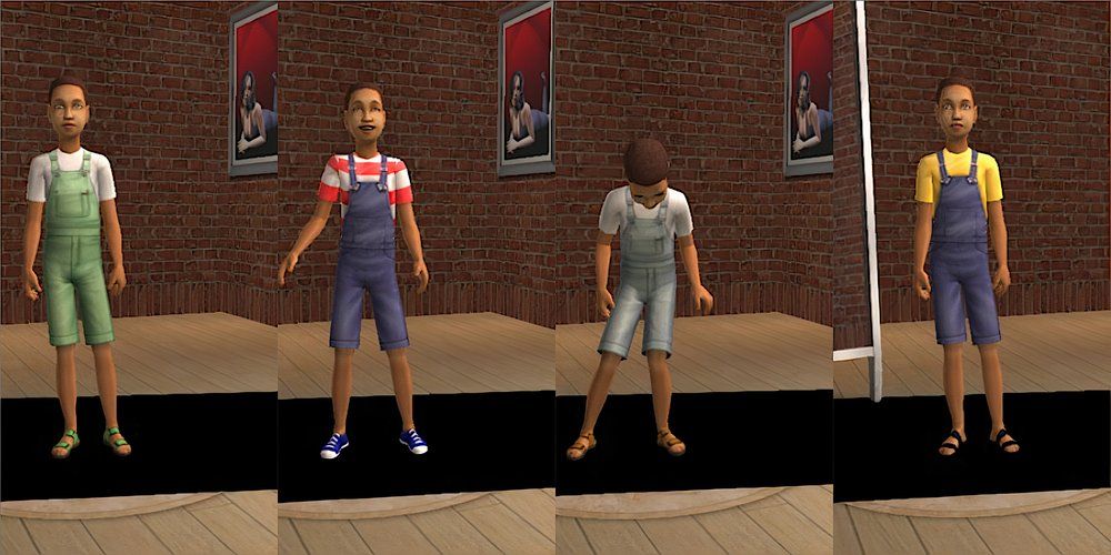 A child Sim wears overalls in The Sims 2.