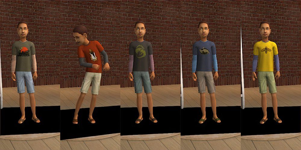 A child Sim wears a T-shirt layered over a long-sleeved undershirt and sporty shorts in The Sims 2.