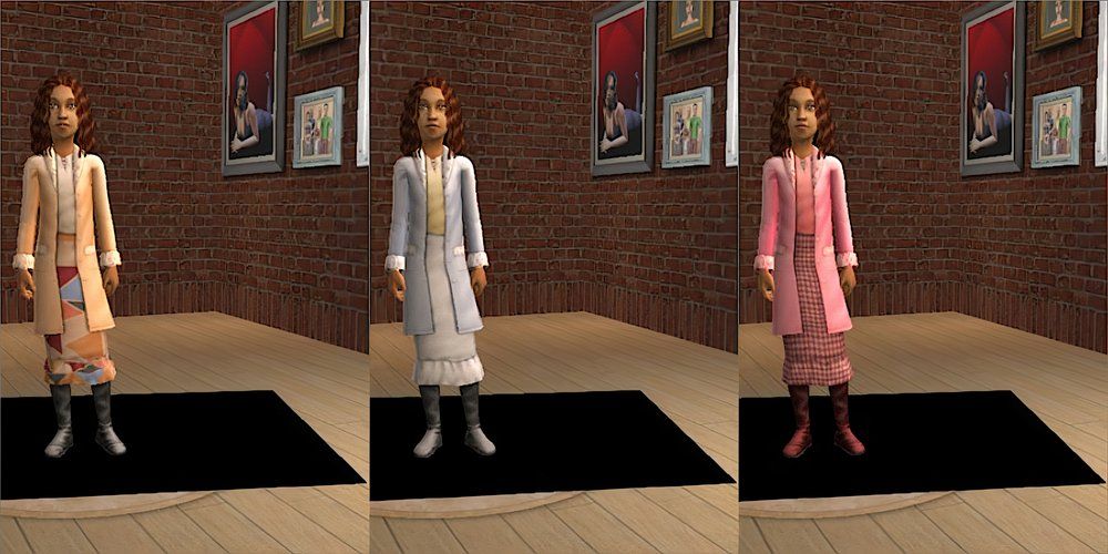 A child sim wears a cozy layered dress in The Sims 2.