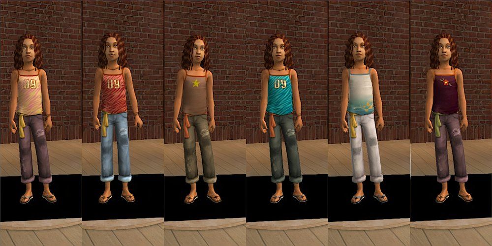 A child Sim wears a tank top and jeans in The Sims 2.