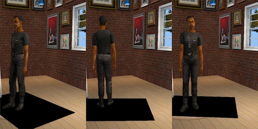 A Sim wearing a goth-style T-shirt and black jeans in The Sims 2