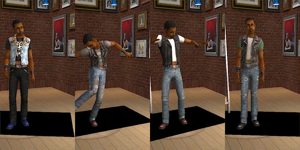 A male Sim wearing different denim biker vests in The Sims 2