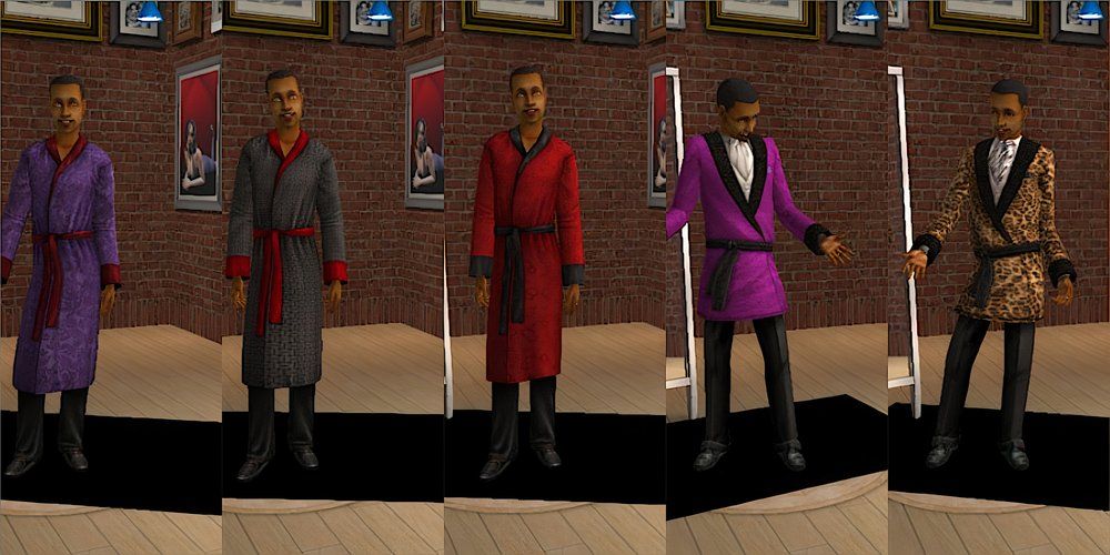 A male Sim wearing a variety of different smoking jackets in The Sims 2.