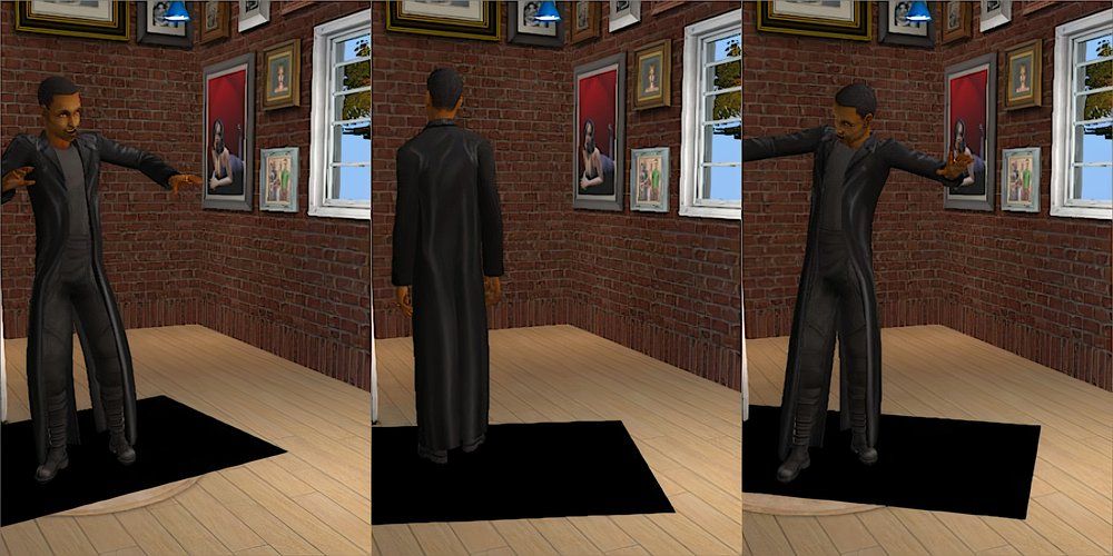 A male Sim wearing a long leather trenchcoat in The Sims 2