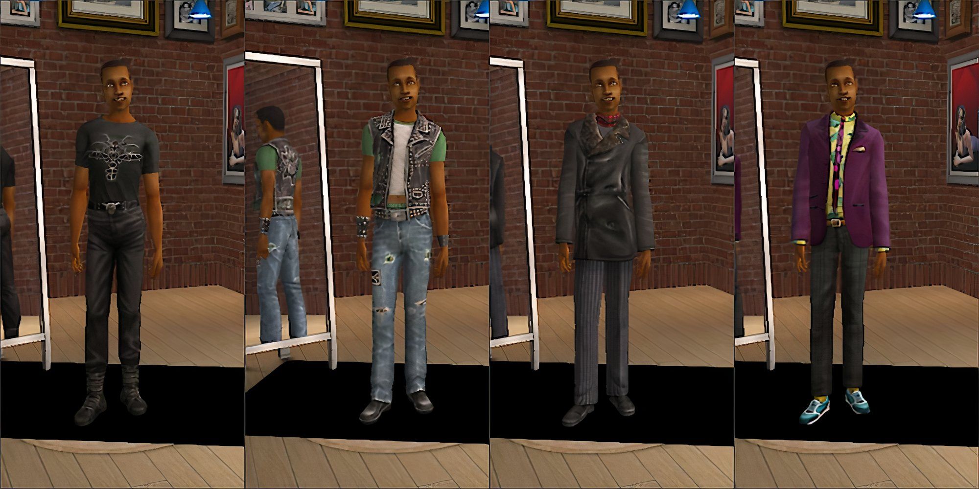 A male Sim wears a variety of different outfits in The Sims 2