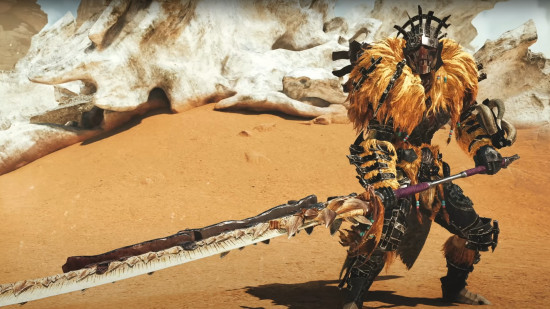 A hunter wields the Monster Hunter Wilds long sword in the Forbidden Lands.