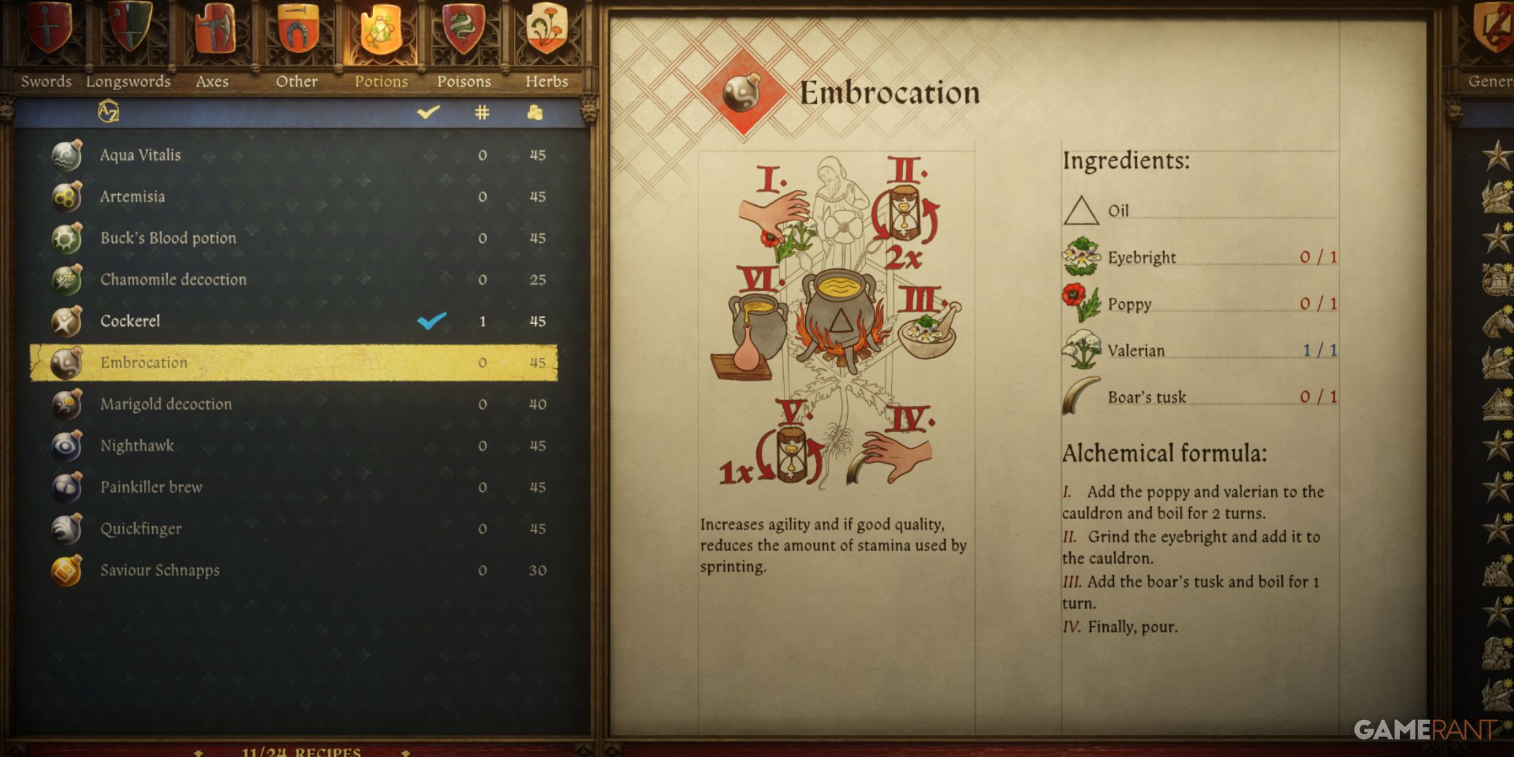 Embrocation reduces stamina use while sprinting, a must-have among the best potions in Kingdom Come 2