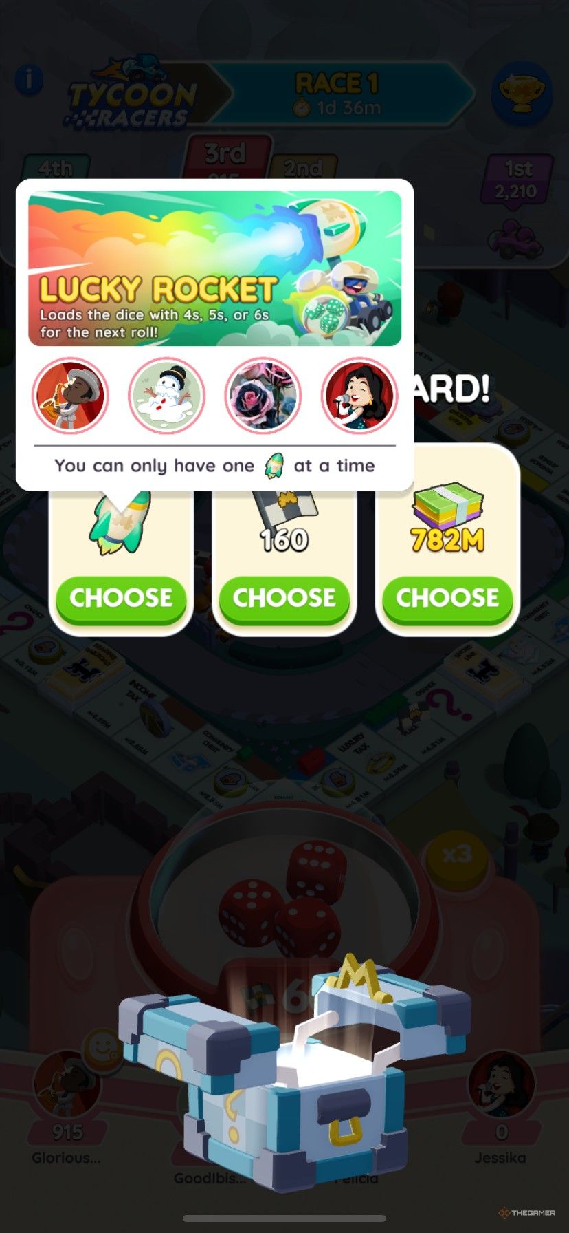 Choosing a lucky rocket as a prize in Tycoon Racers in Monopoly Go.