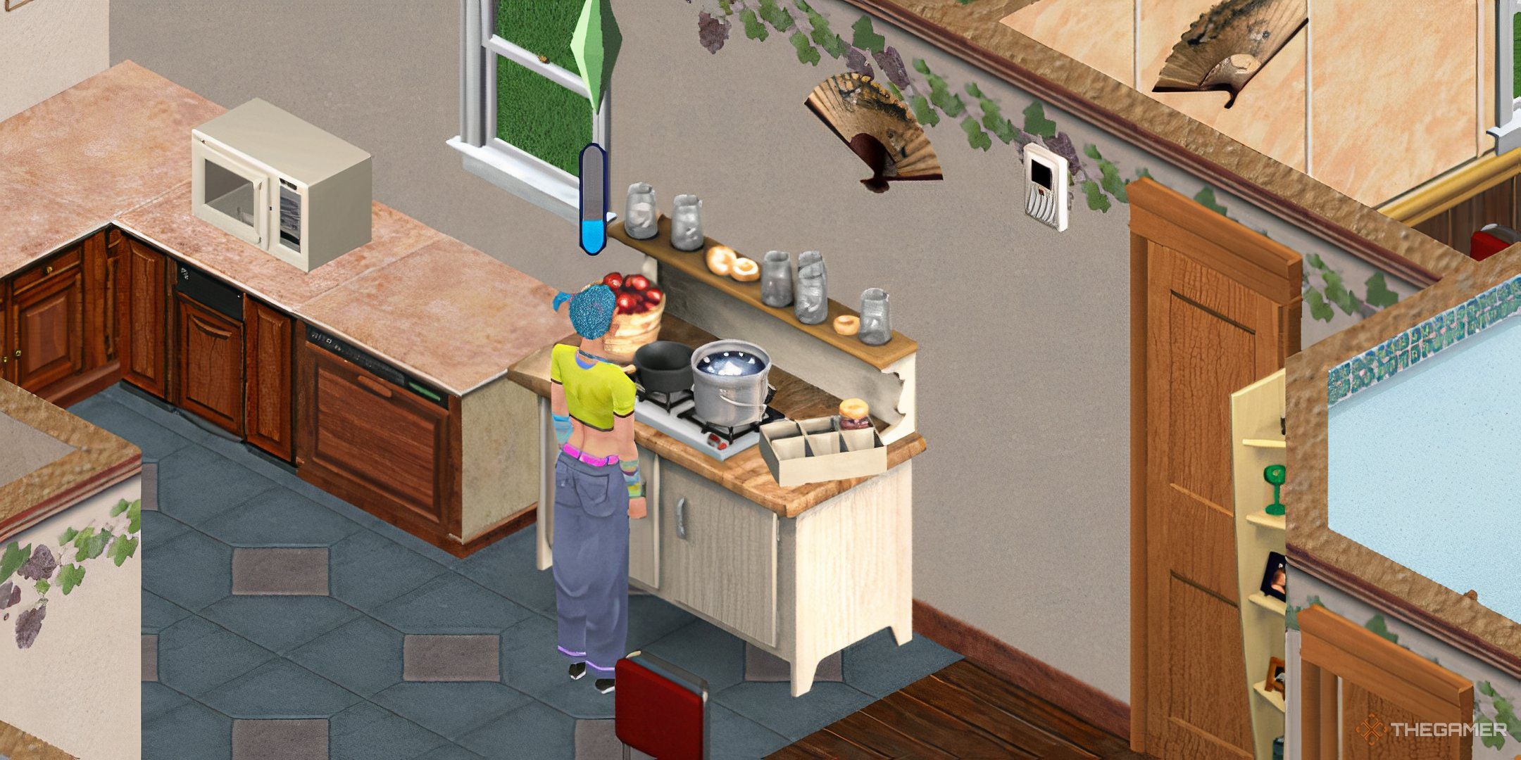 A Sim making preserves in the kitchen.