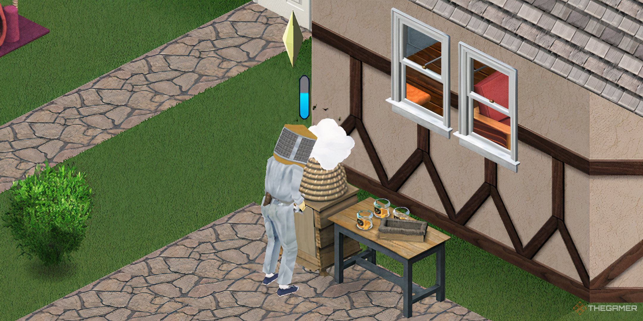 A Sim collecting Honey in the garden.