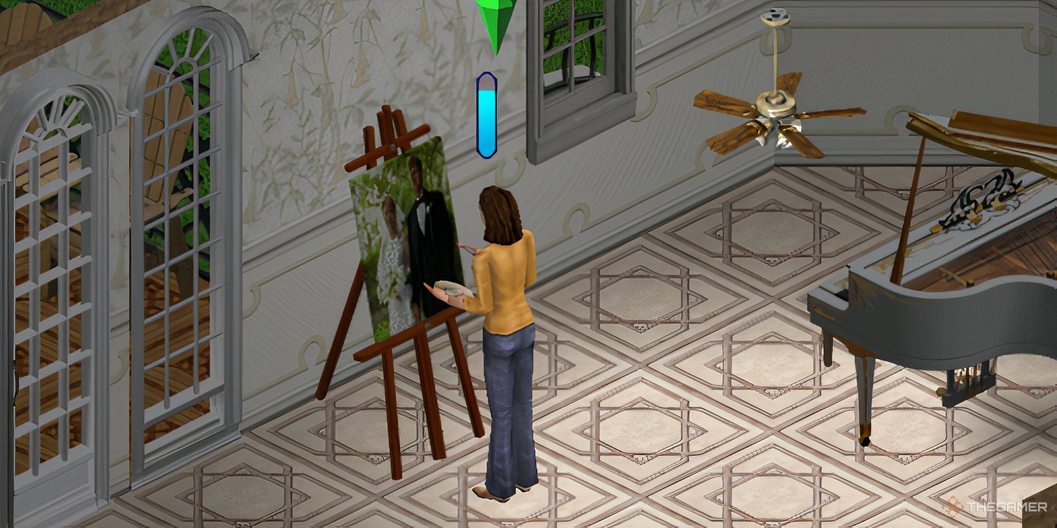 A female Sim painting by a piano.