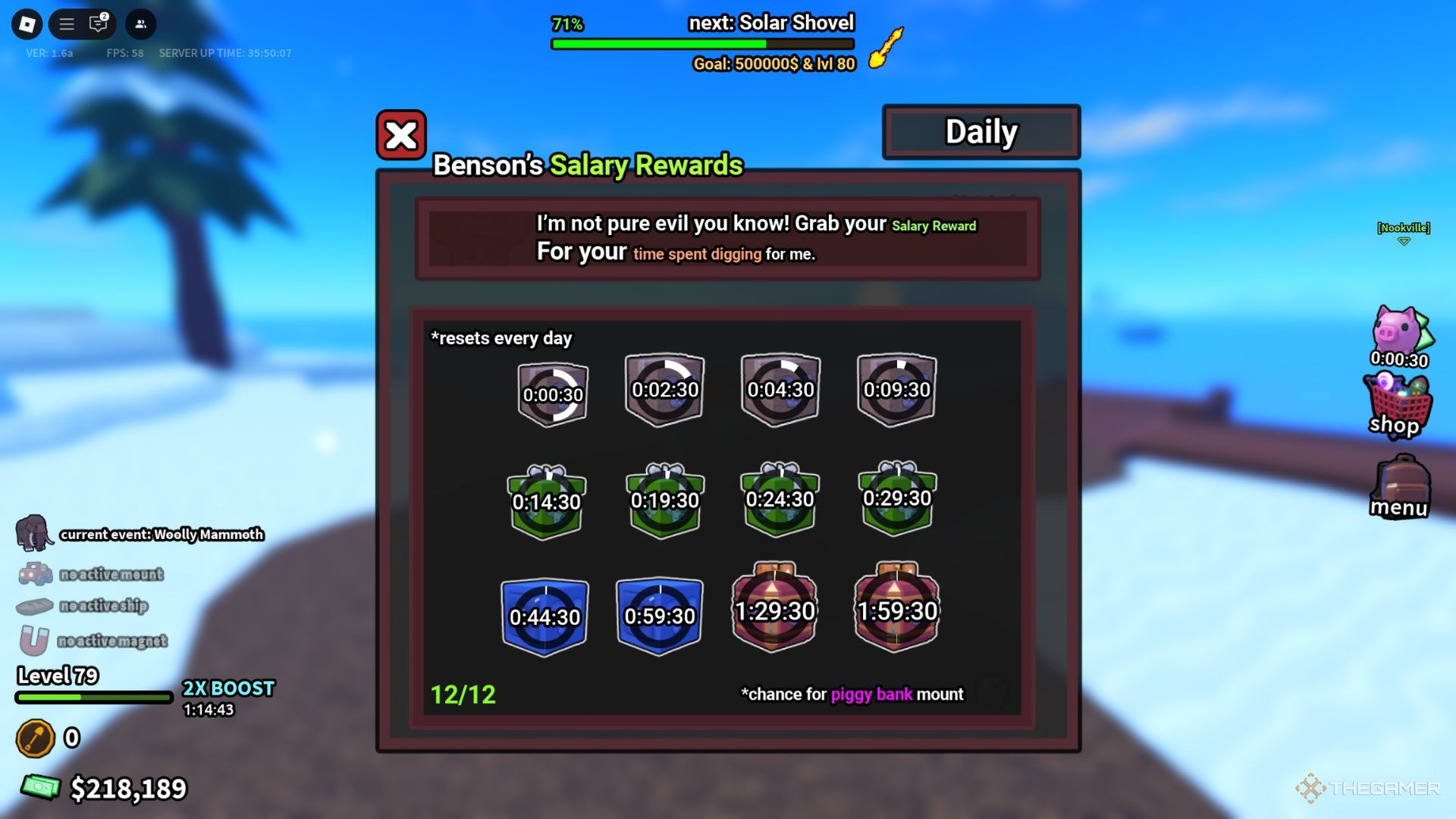 The player character shows the Benson's Salary Rewards tab in Dig It.