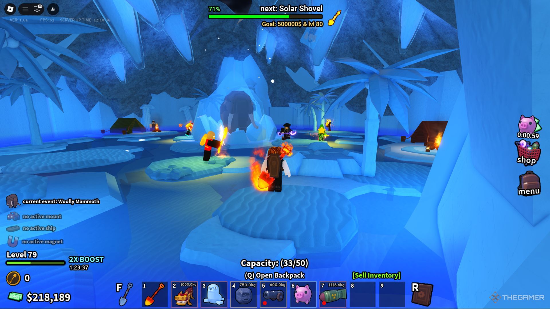 The player character shows the ice cave where the Woolly Mammoth event is active in Permafrost in Dig It.