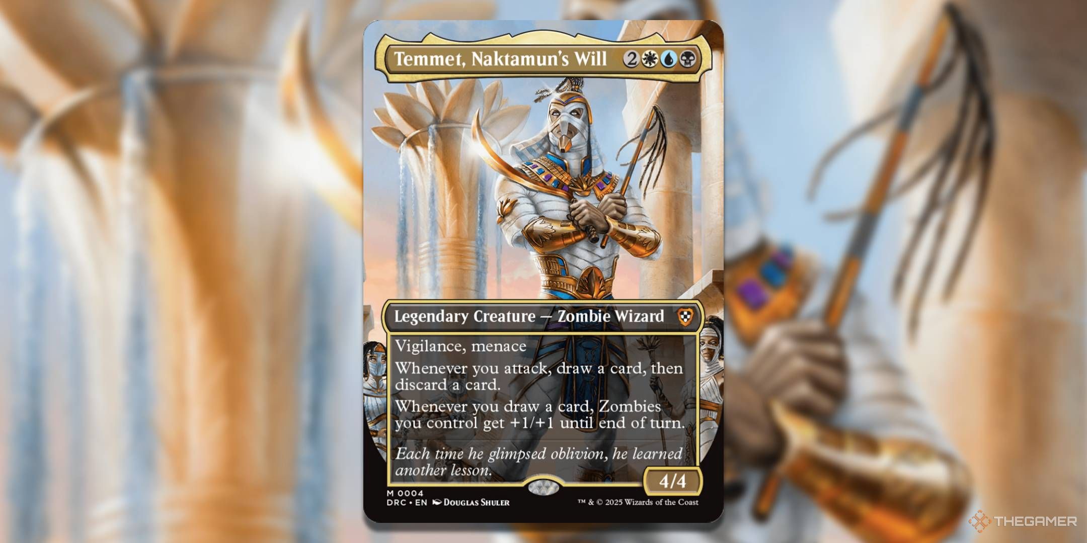 MTG Temmet, Naktamun's Will card with the art in the background.