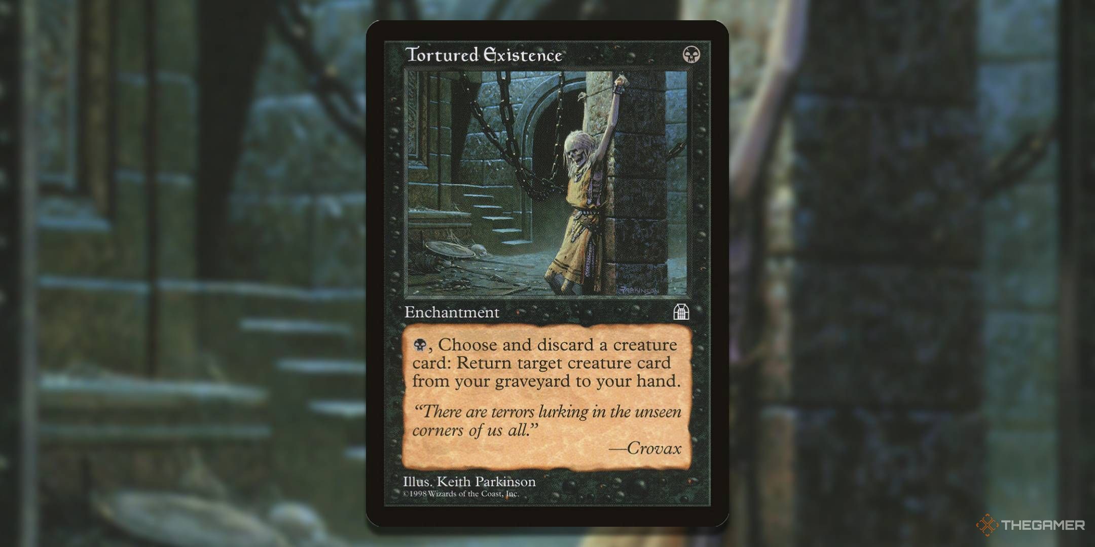 MTG Tortured Existence card with the art in the background.