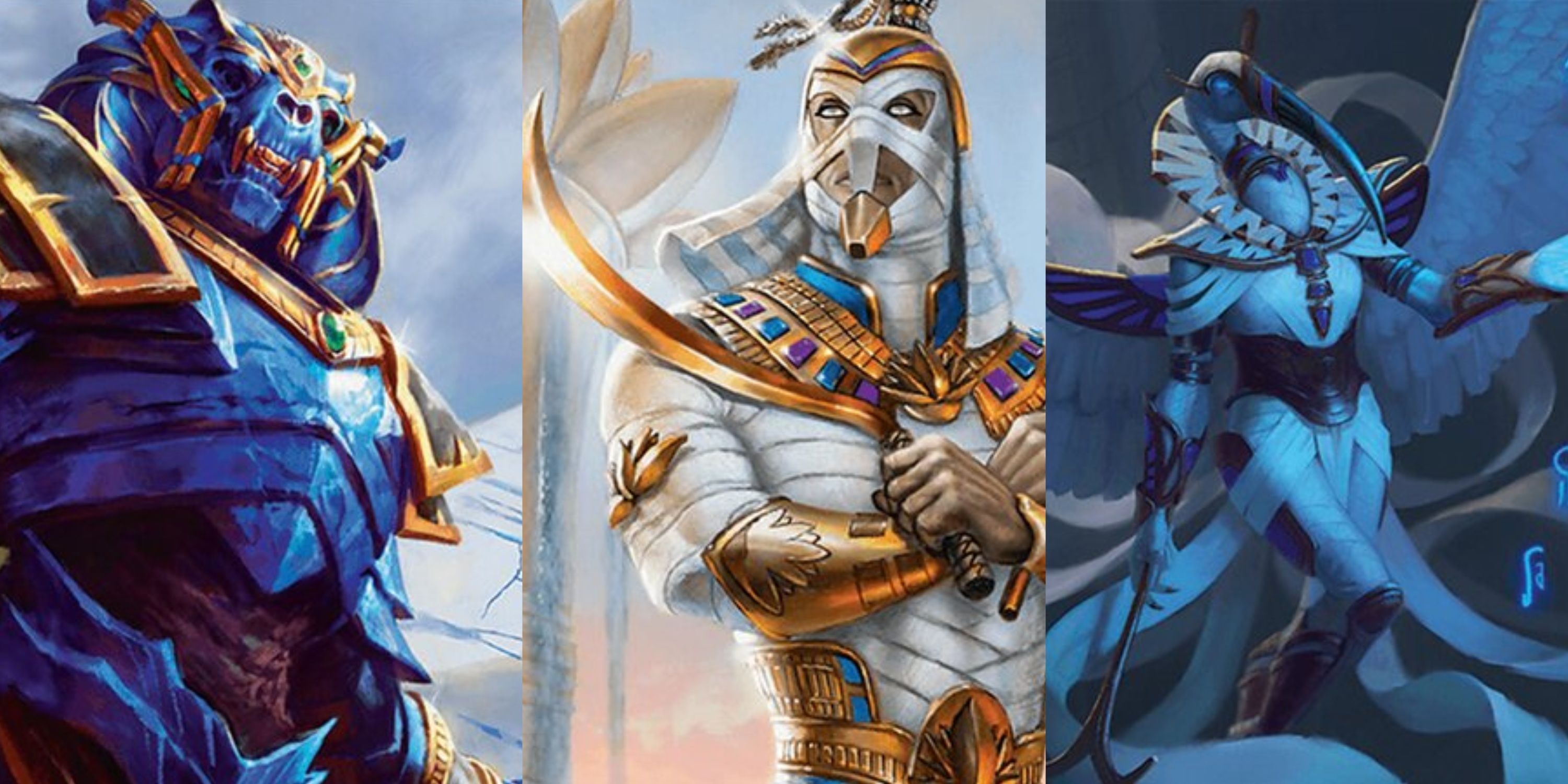 MTG card art for Temmet, Hashaton, and Rhet-Tomb Mystic.