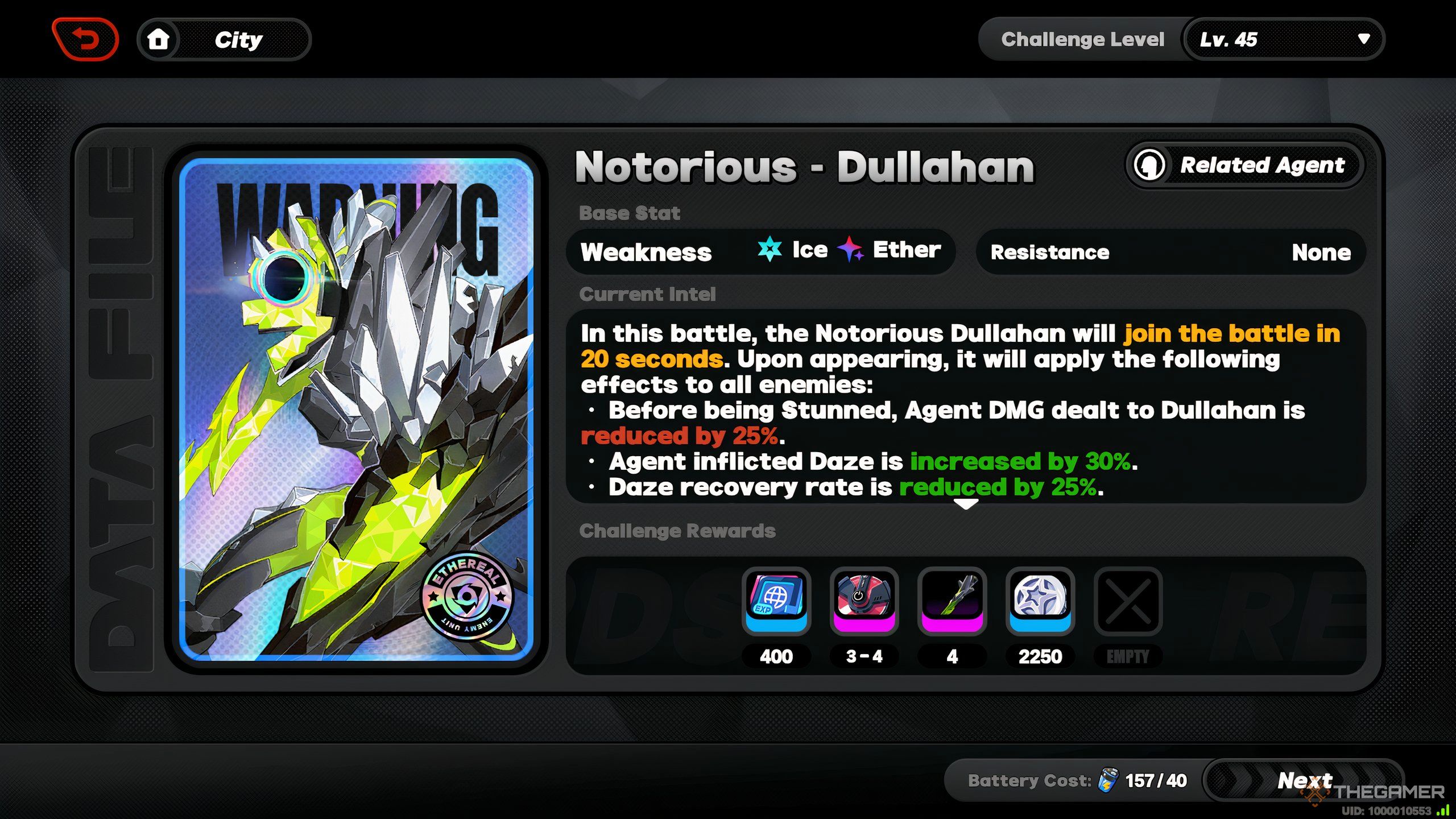 The Notoroius Dullahan Expert Challenge stat screen in Zenless Zone Zero.