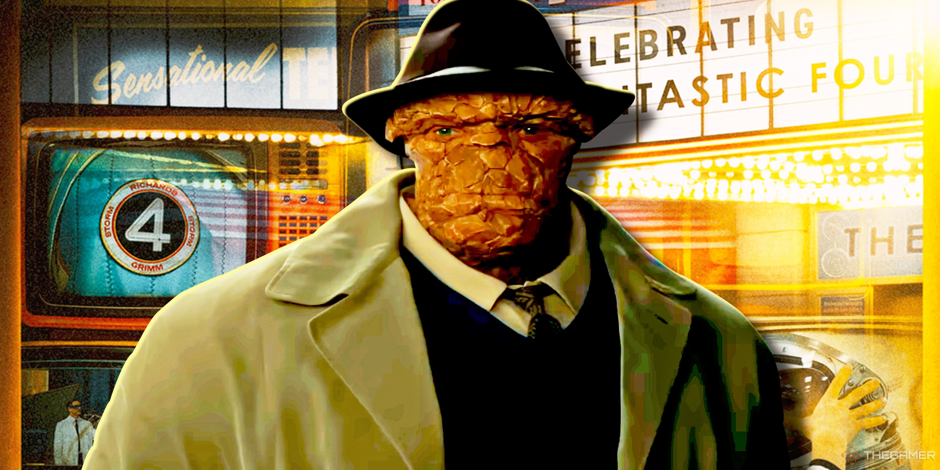 The Thing from The Fantastic Four: First Steps wearing his trench coat and hat.