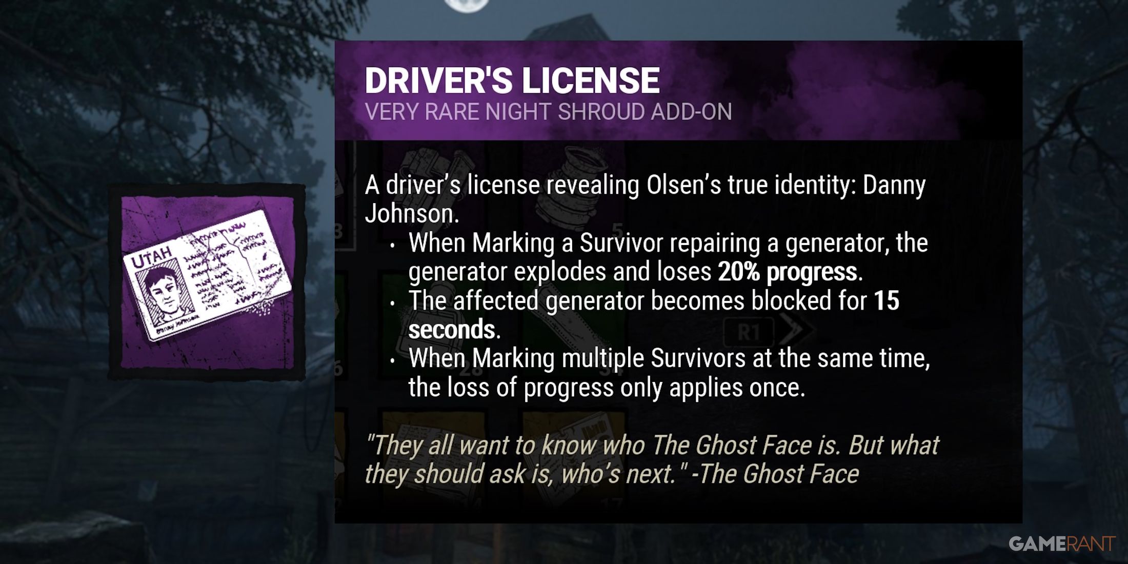 dead by daylight the ghost face driver's license addon