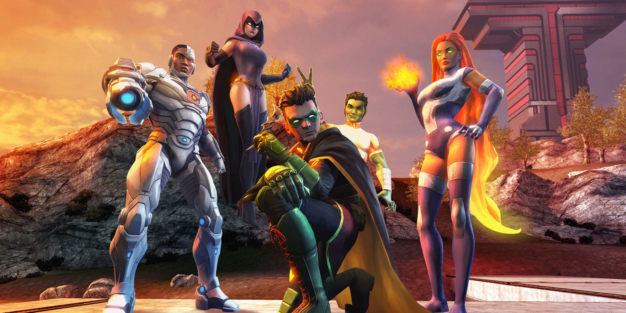 DC Universe Online. Characters from left to right; Cyborg, Raven, Robin, Beast Boy and Starfire.