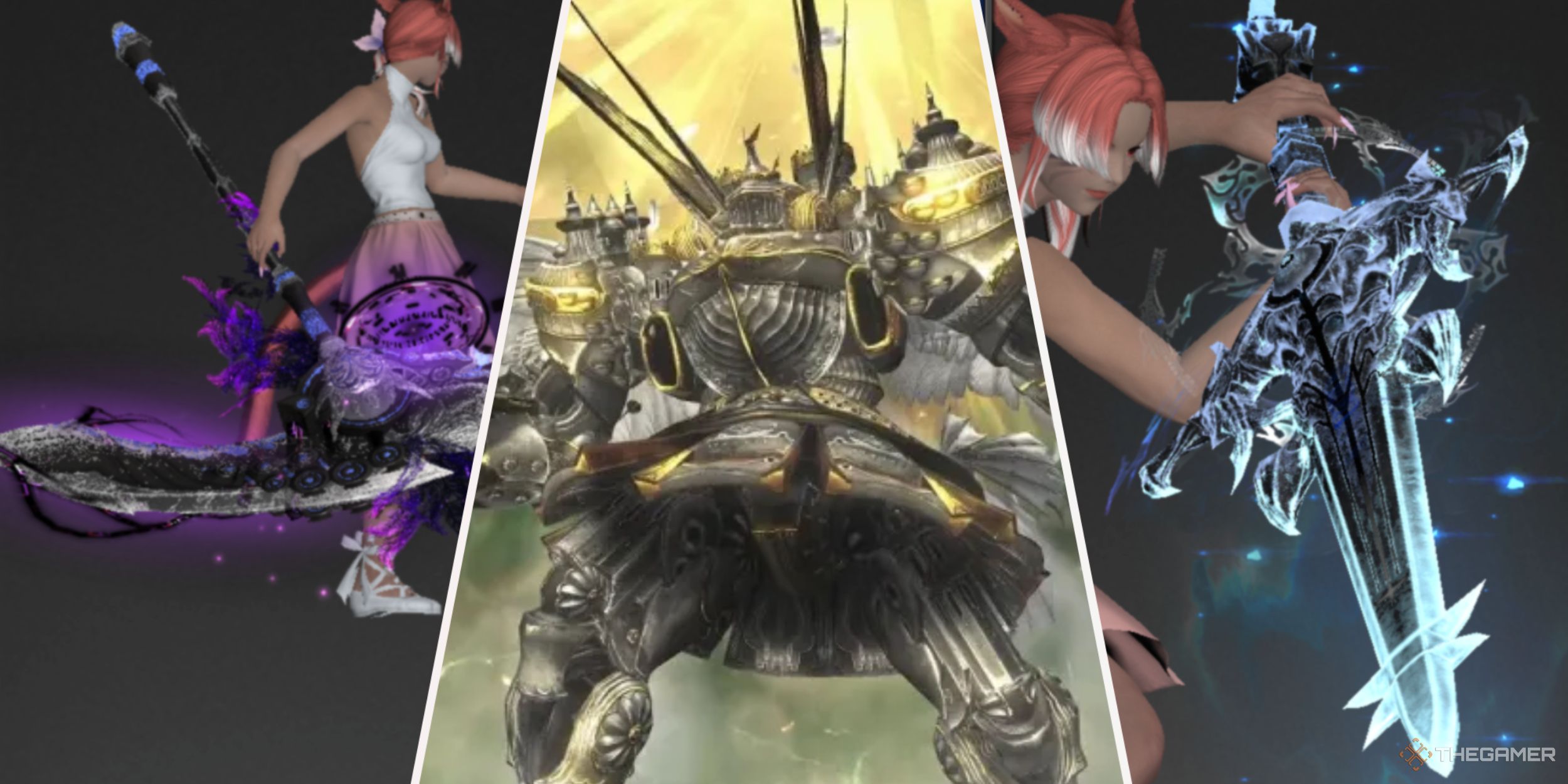 A collage of images showcasing Perfect Alexander and The Omega Protocol and The Weapon's Refrain Ultimate Raid Weapons in Final Fantasy 14