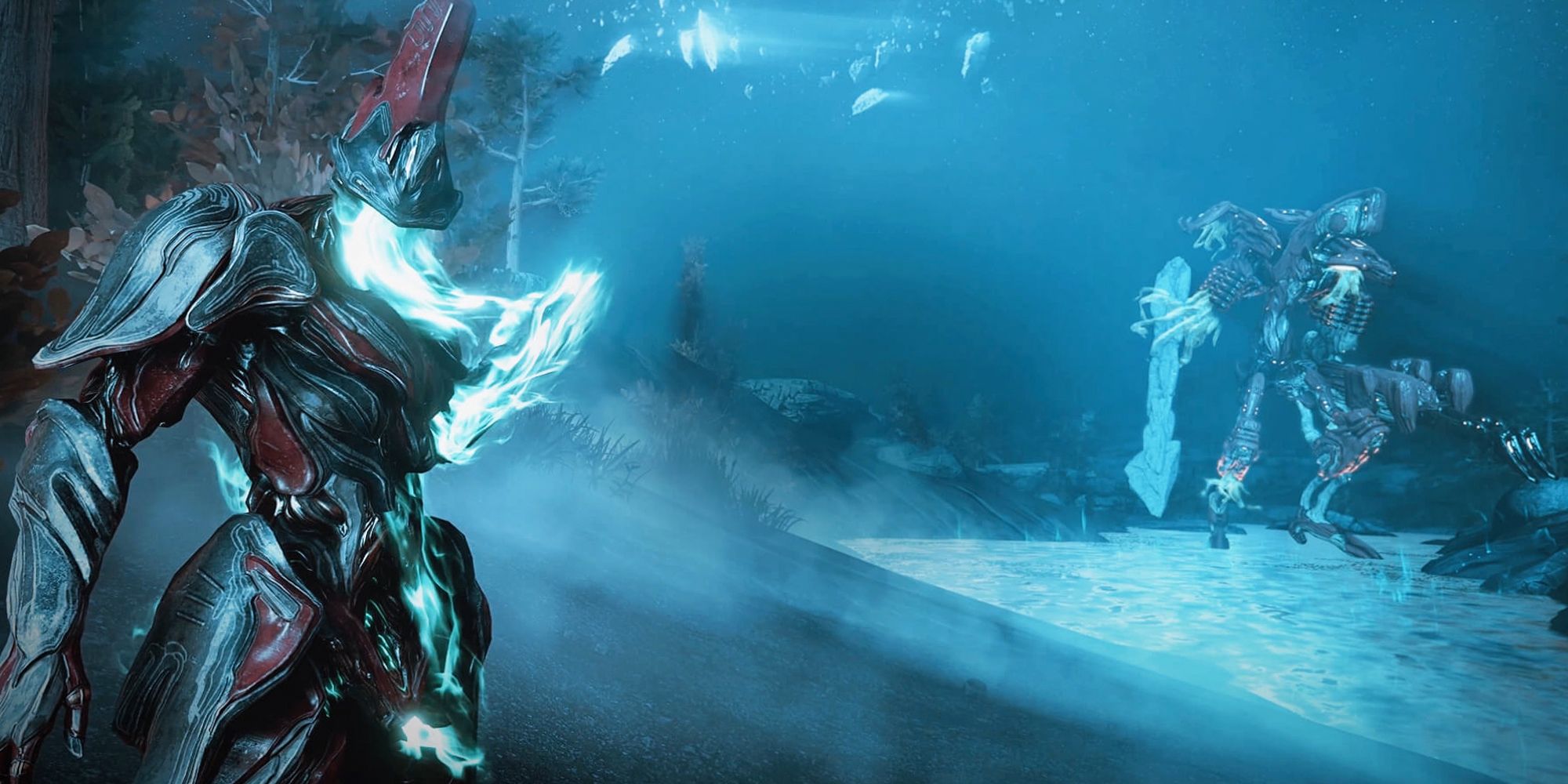 Warframe blue lighting and glow. Character on the left on the screen and another character in the back on the right.