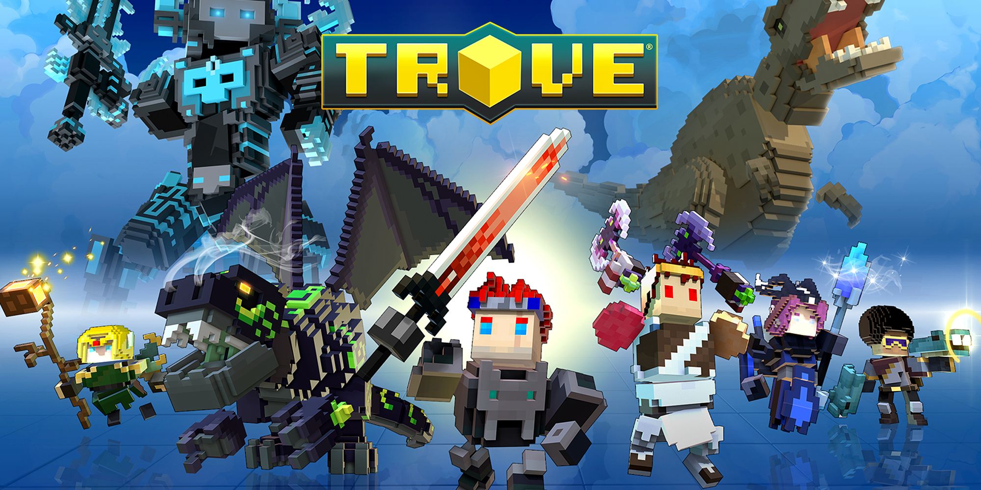 Trove - A Blue background with many different Trove characters shown.