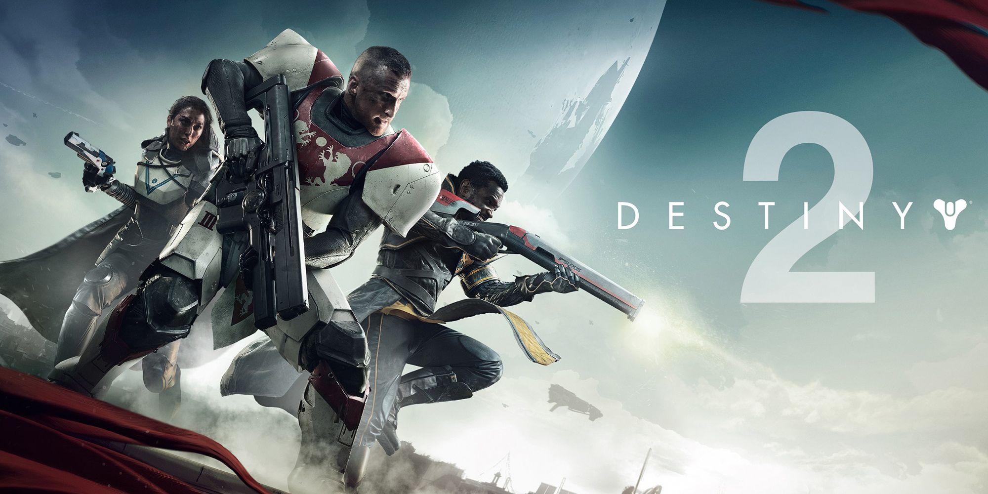 Destiny 2 poster for the game. Pale blue background with a planet off in the distance. Three characters are shown.