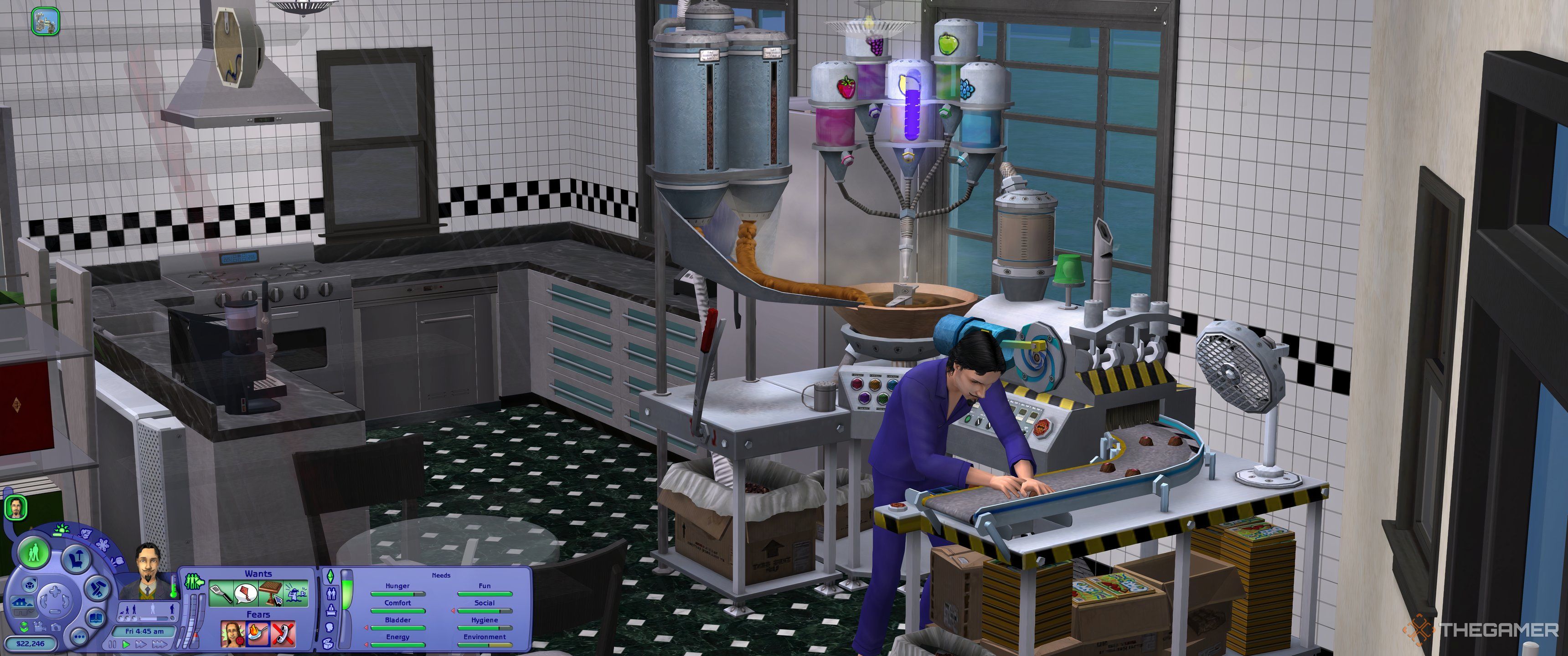 A sim making candies with the chocolate machine.